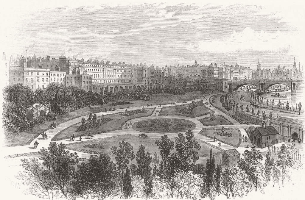 LONDON. Gdns, Thames Embankment 1872 old antique vintage print picture